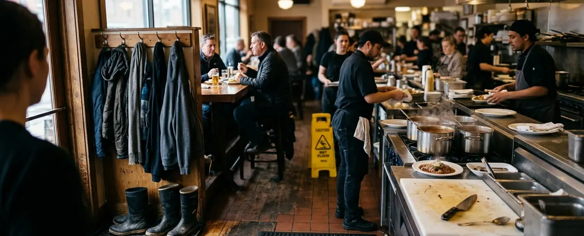 Restaurant interior during service, ambient lighting from low ceiling fixtures and front windows